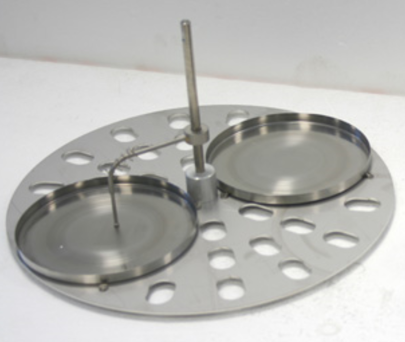 ALUMINUM PERFORATED ROTATING SHELF FOR THIN FILM OVEN WITH 04 FLAT BOTTOM ALUMINUM DISHES - ASTM D1754